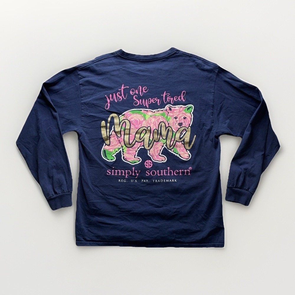 Simply Southern Long Sleeve Shirt Womens L Navy Super Tired Mama Floral Bear Tee